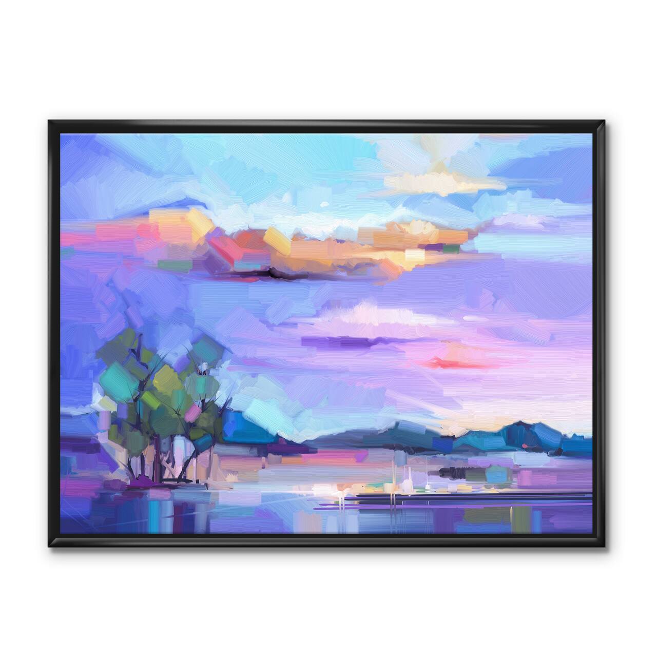 Designart - Impressionist Mountscape With River II - Modern Canvas Wall Art Print in Black Frame